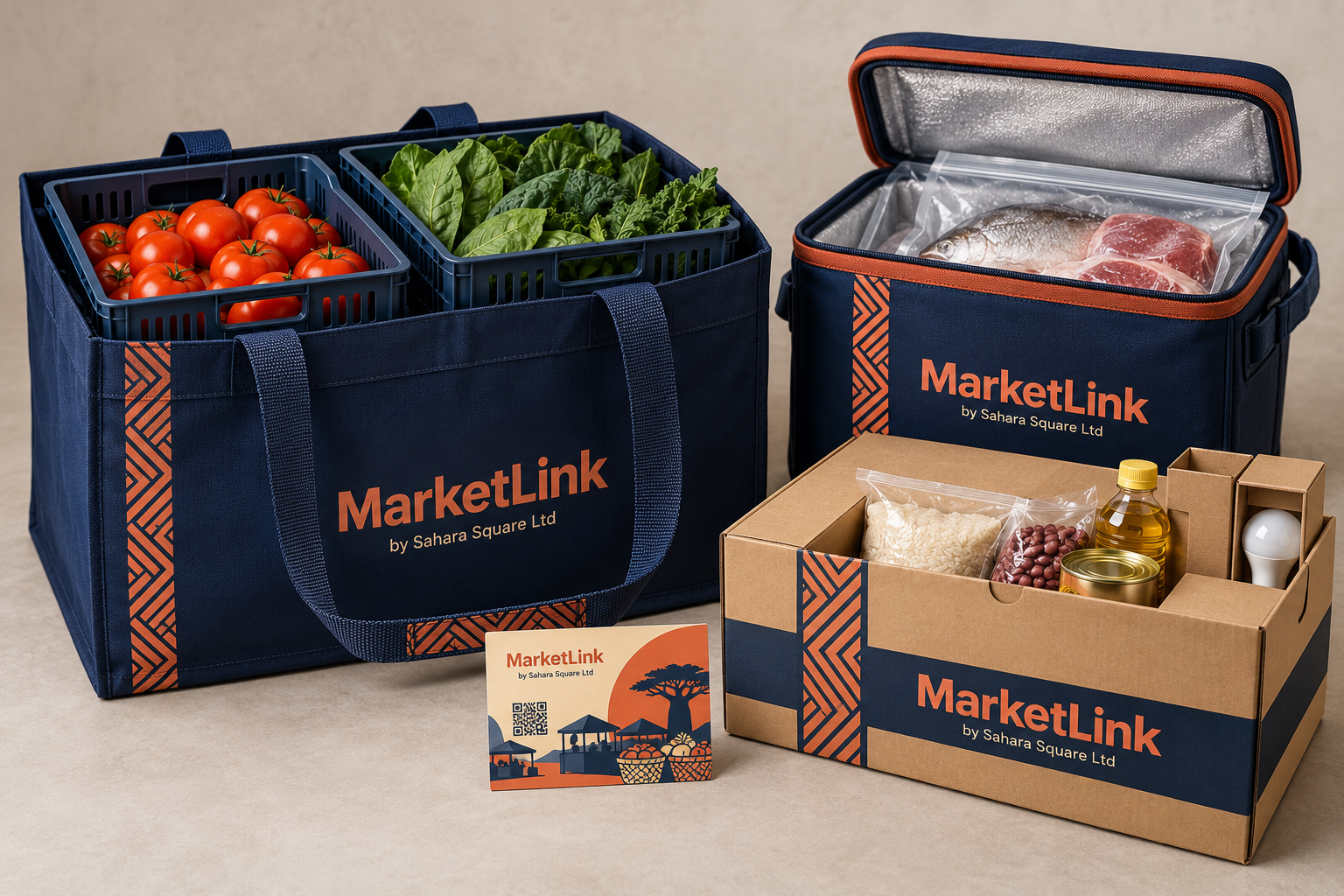 Concept image of a navy MarketLink produce tote, separate insulated fish and meat carrier, and protected dry-goods box